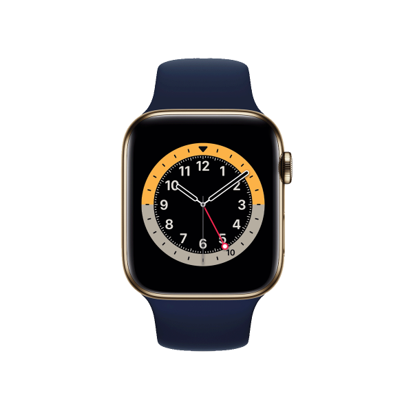 Refurbished Apple Watch Serie 6 | 44mm | Stainless Steel Gold | Deep Navy Sportarmband | GPS | WiFi + 4G