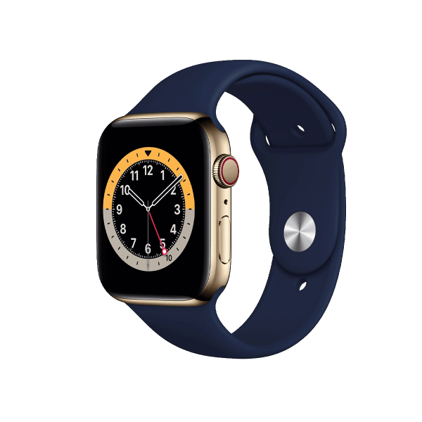 Refurbished Apple Watch Serie 6 | 44mm | Stainless Steel Gold | Deep Navy Sportarmband | GPS | WiFi + 4G