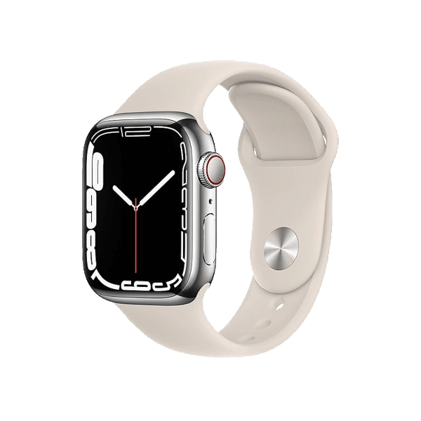 Refurbished Apple Watch Serie 7 | 41mm | Stainless Steel Silber | Starlight Weißes Sportarmband | GPS | WiFi + 4G