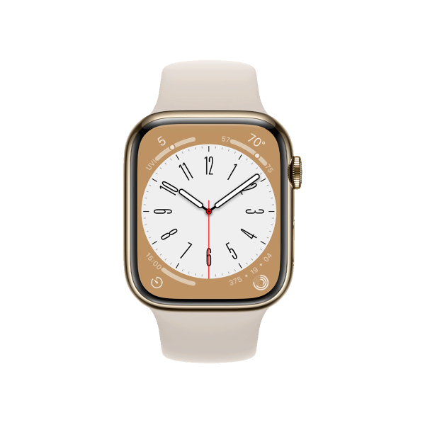 Refurbished Apple Watch Serie 8 | 45mm | Stainless Steel Gold | Starlight Weißes Sportarmband | GPS | WiFi + 4G