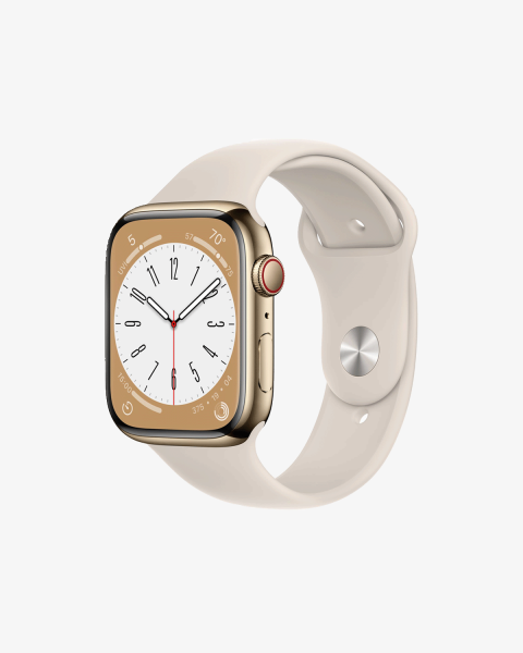 Refurbished Apple Watch Serie 8 | 45mm | Stainless Steel Gold | Starlight Weißes Sportarmband | GPS | WiFi + 4G