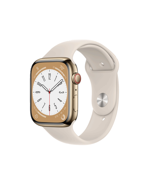 Refurbished Apple Watch Serie 8 | 45mm | Stainless Steel Gold | Starlight Weißes Sportarmband | GPS | WiFi + 4G