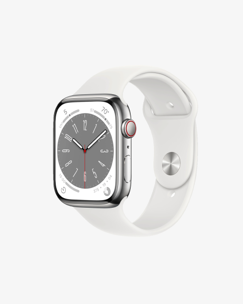 Refurbished Apple Watch Serie 8 | 45mm | Stainless Steel Silber | Weißes Sportarmband | GPS | WiFi + 4G